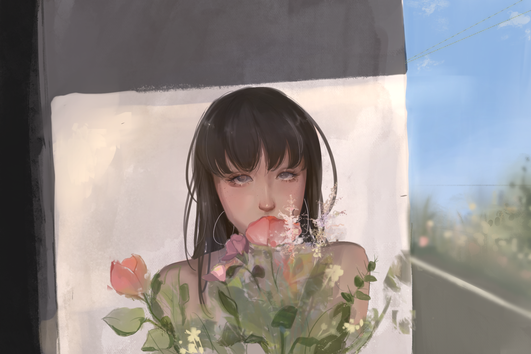 Procreate illustration of girl holding flowers